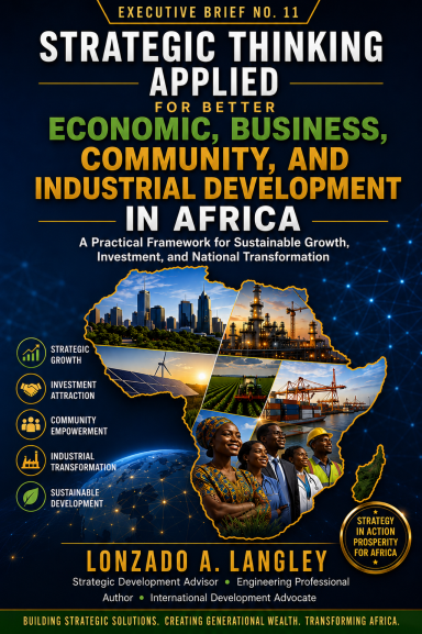 Map of Africa with icons representing economic development and industry. Title and author included.