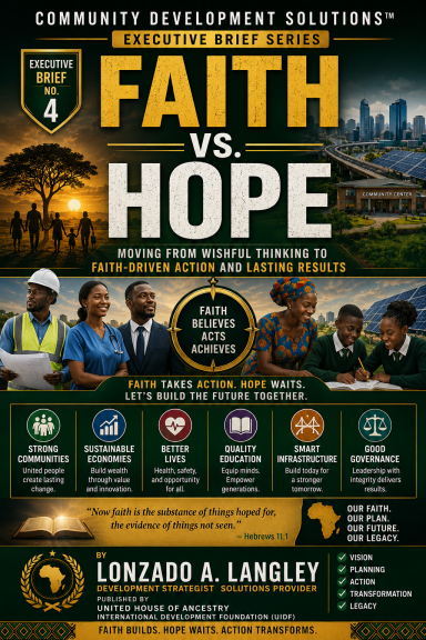 Poster promoting "Faith vs. Hope" community development event with images of workers and trees.