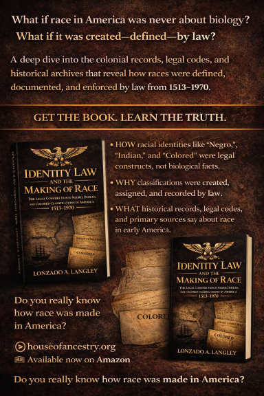 Indentity Law Book promotion featuring cover art and text about historical wrongs related to liberty and justice.