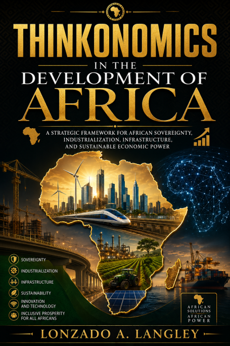 Book cover titled "Thinkonomics in the Development of Africa" featuring an illustrated map of Africa.