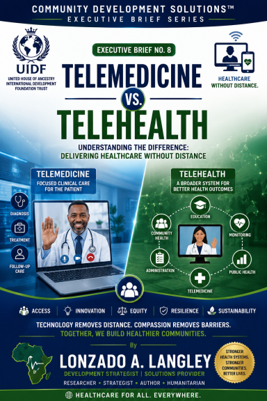 Promotional poster comparing telemedicine and telehealth with visuals of healthcare professionals.