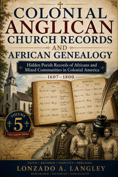 Anglican Records Book cover titled "Colonial Anglican Church Records and African Genealogy" by Lonzado A. Langley.
