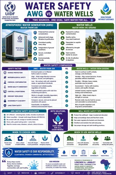Infographic on water safety and well maintenance with guidelines and a water well statue.