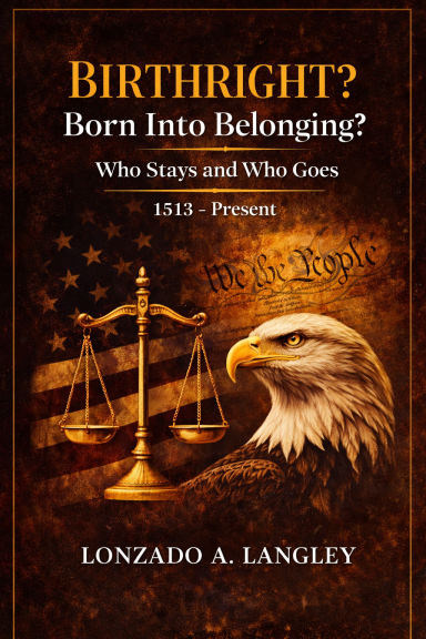 Birth Right Book cover featuring an eagle, scales of justice, and the title "Birthright? Born Into Belonging!"