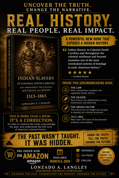 Indian Slavery Book promotional poster for "Indian Slavery: 1492-1866" featuring key themes and purchase details.